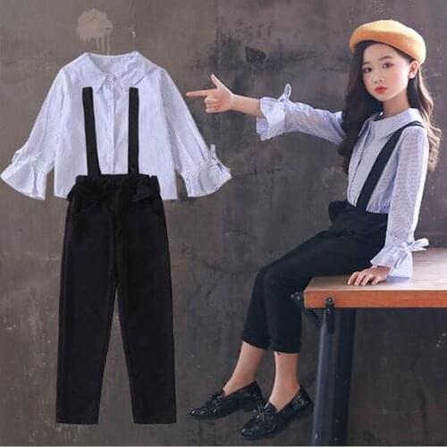 Kids Clothes Girls Autumn Clothing Sets Striped Long Sleeve Cotton Shirts +Jumpsuit 2Pcs Set Outfits Children Cothing 6 8 10 12T