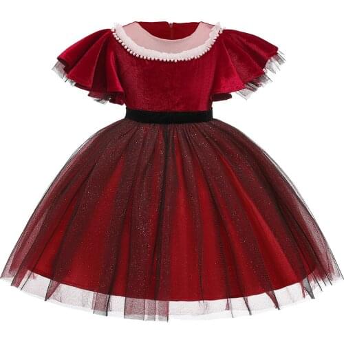 2020 New Girls Princess Wedding Red Dress Cute Beading Christmas Dress Ruffle Kids Dresses Sequin Velvet Birthday Party Dress