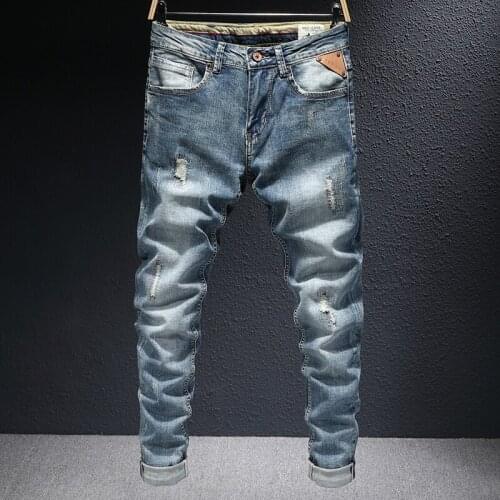 European Vintage Fashion Men Jeans Retro Blue Elastic Slim Fit Ripped Jeans Men Embroidery Designer Casual Denim Pencil Pants