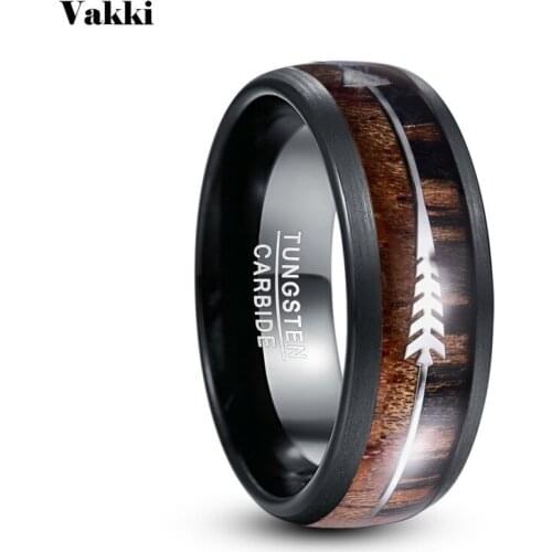 VAKKI Tungsten Carbide Rings for Men 8 MM Wide Black Walnut Wood Silver Color Arrow Dome Wedding Party Jewelry Mens Ring