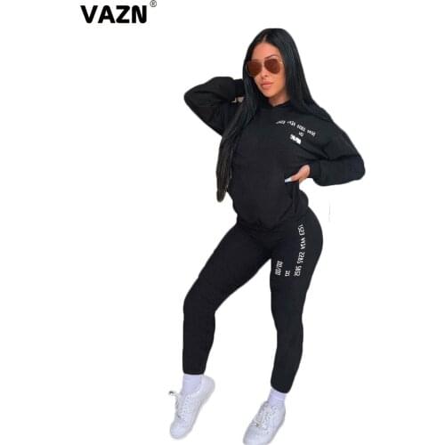 VAZN 2020 New Solid Comfortable Women Sport Running Girl Hooded Set Gym Clothing Sport Suit Women Full Sleeve Tracksuit