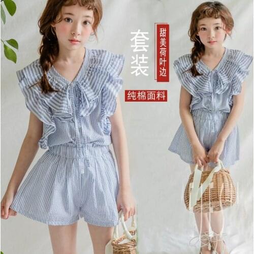 Girls Striped Suit 2021 Summer Princess Ruffled Striped Shirt + Shorts Set Teen Girls College Style Suit 2pcs