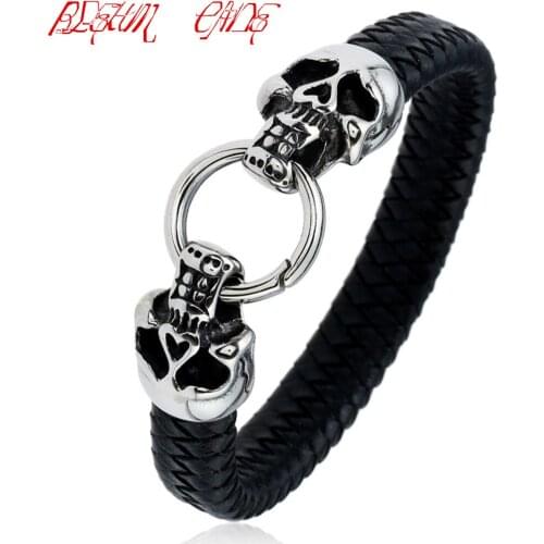 Stainless Steel Leather Skull Bracelets & Bangles Punk Style Fashion Wrap Bracelet 7.5-8.5 Inch