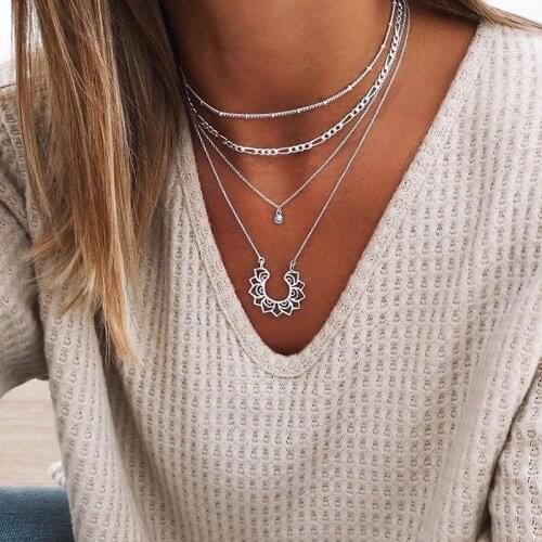 Multi-layer Crystal U-shaped Lotus Pendant Necklace for Women 2020 Simple Gold Silver Color Figaro Chain Choker Necklace Jewelry