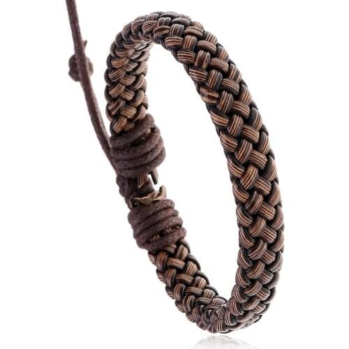 Fashion Charm PU Leather Bangle Men Bracelets Popular Boys Bandage Strand Handmade Brown Weave Women Adjustable Bracelets