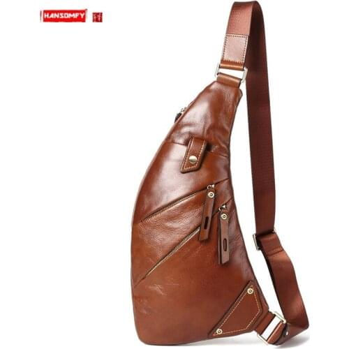 Bags 2021 New Trend Leather Men Chest Bag Genuine Leather Mens Bag Casual Small Messenger Bag Korean Retro Shoulder Bag Male