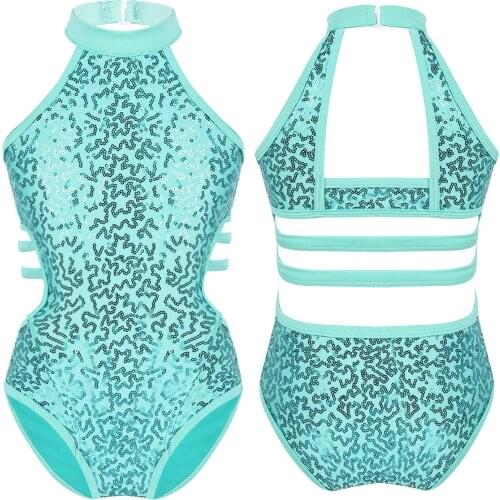 New Kids Girls Dancewear Sleeveless Gymnastics Leotard Sparkly Sequins Cutouts Back Strappy Waist Ballet Dance Jumpsuit SZ 4-14