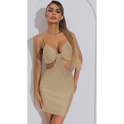 Newest Summer Fashion Sexy V Neck Hollow Out Sparkly Beige Bodycon Women Bandage Dress 2021 Elegant Evening Party Dress Vestido