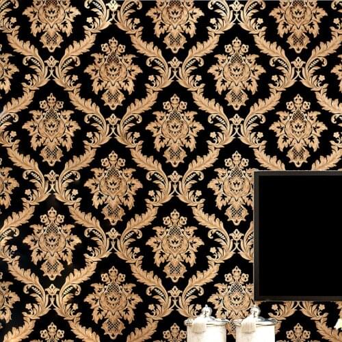 QIHANG High-grade Gold-Flecked Damascus Process Non-woven Wallpaper Black Color 0.53m*10m=5.3m2