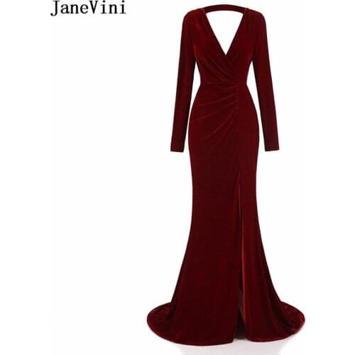JaneVini Sexy Burgundy Long Bridesmaid Dresses Deep V Neck Long Sleeve Backless Velvet African Mermaid Prom Gowns Robe Bourgogne