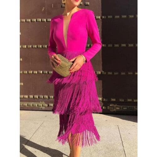 Long Sleeves Fringe Dress Christmas Clothes Sexy Deep V Neck See Through Plus Size 2XL Midi Dresses for Women Party Date Night