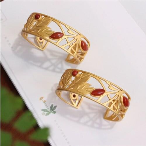Natural South Red Agate Leaf Bracelet S925 Sterling Silver South Red Horse Eye Bracelet Fashion Retro All-Match Elegant Jewelry