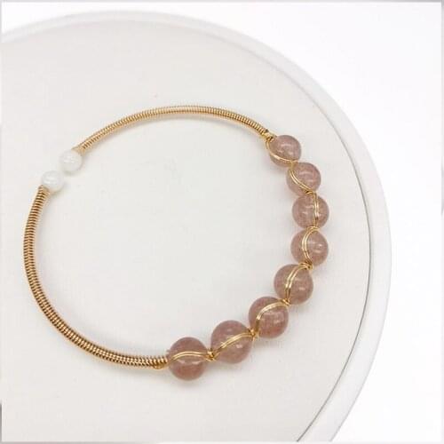 Handmade 24K Gold Round Gemstone Strawberry Quartz Twisted Cable Bangle Bracelet Jewelry Strawberry Crystal Peach Blossom Luck