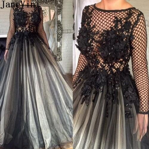 JaneVini Sexy Fishing Net African Evening Dresses Long Sleeves Black Handmade Flowers Beaded Tulle Ladies Formal Prom Gowns 2020