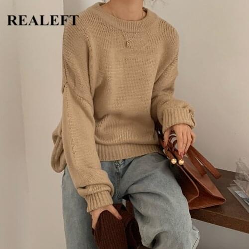 REALEFT 2021 New Autumn Winter Loose Womens Sweater Ladies Long Sleeve Solid O-Neck Casual Female Knitting Pullovers Outwear