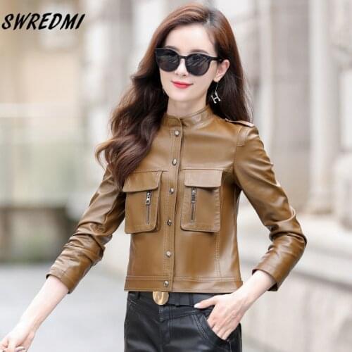 SWREDMI Spring Leather Jacket Female Pockets Fashion Suede High Quality Autumn Leather Coat Women Plus Size 5XL Clothing