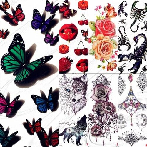 Cute 3D Butterfly Temporary Tattoos For Women Kids Children Body Art Arm Henna Waterproof Rose Flower Tattoo Sticker Wolf Lips
