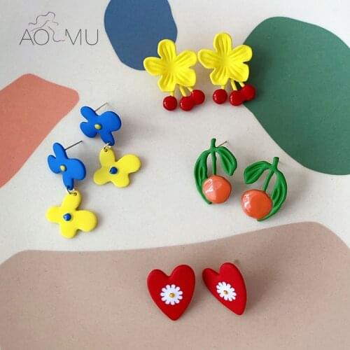 AOMU 2020 S925 New Colorful Paint Dripping Oil Flowers Heart Fruit Colorful Metal Stud Earrings for Women Girls Cute Jewelry