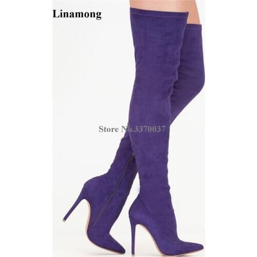 Women Simple Style Pointed Toe Suede Leather Over Knee Thin Heel Boots Bandage Slim Long High Heel Boots Club Shoes