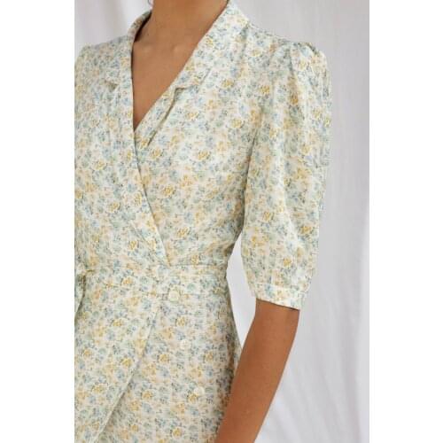 Women Dress 2020 Spring/Summer New Floral Lapel Lace Lantern Sleeve Midi Dress Women