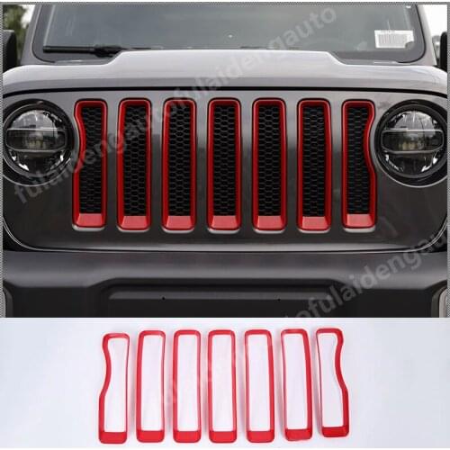 7Ppcs For Jeep Wrangler JL 2018-2021 Red & Black ABS Carbon fiber Front Center Grill Mesh Grille Insert Kit Trim Car styling