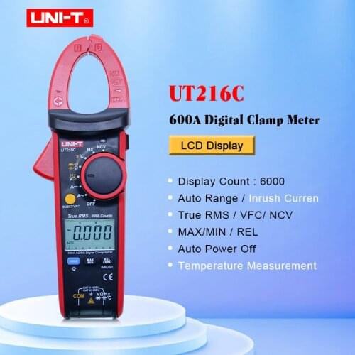 UNI-T UT216C Digital Clamp Meters True RMS 600A NCV V.F.C Diode LCD Work Light Temperature Test AC DC Auto Range Multimeters