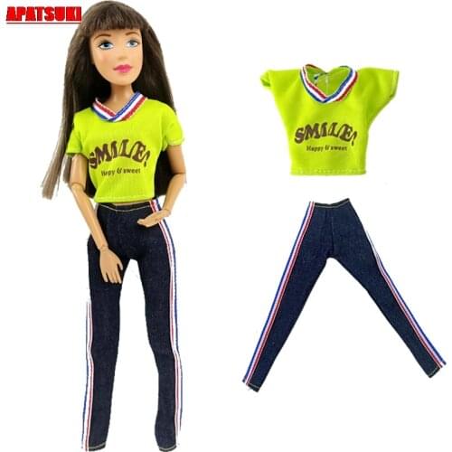 Happy&Sweet Letter Shirt Long Jean Pants Doll Clothes for Barbie Doll Green Tops V-Neck Sports Gym Yoga Suit Clothing for Barbie