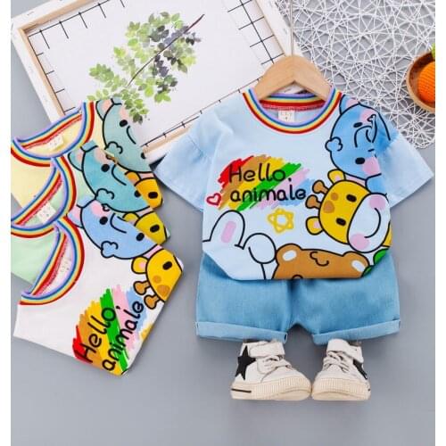 Baby Boy Cotton Clothing Summer Toddler Cartoon Animal Turn-down Collar T-Shirt Denim Short Pants 2pcs/Set Suit Children Costume