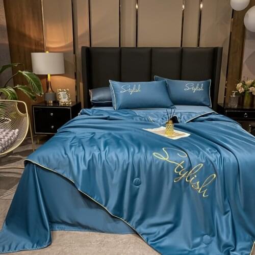 4pcs Washed Silk Air Conditioner Quilt Embroidery Summer Air Conditioner Quilt Cover Set Luxury Bedding Set Bedroom Set Large