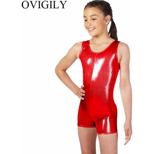 OVIGILY Girls Red Tank Biketard Spandex Metallic Dance Leotard for Kids One Piece Gymnastics Unitard Bodysuits for Toddlers