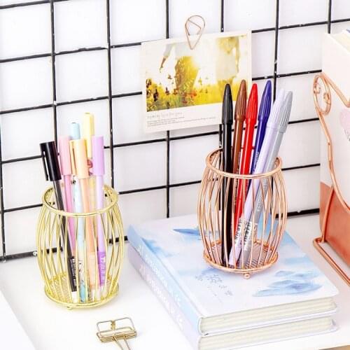 Rose Gold/Gold Wire Metal Pen Holders Cup Pencil Pot Drum Shape Makeup Brush Holders for Office Home JR Deals