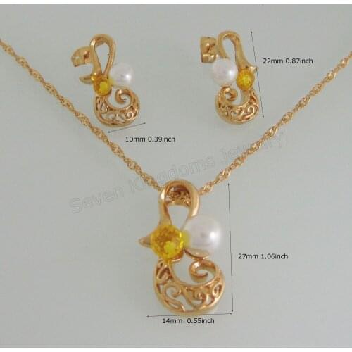 MIN ORDER10$ CAN MIX/- YELLOW GOLD GP 18" WATER WAVE NECKLACE FLOWER SIMULATED PEARL PENDANT STUD EARRING CZ STONE SET