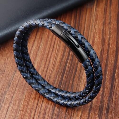 Simple Style Custom Handmade Leather Buckle Stitching Combination Stainless Steel Mens Bracelet Magnet Big Promotion Gift