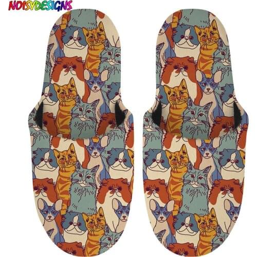 NOISYDESIGNS Kitten Party Coloful Print Winter Cotton Shoes for Women Soft Plush Slippers Winter Bedroom Anti Cold Slipper