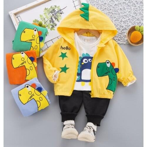 0-4 years old baby boy clothes spring and autumn suit boy cartoon dinosaur hooded sweater casual clothes baby three-piece suit