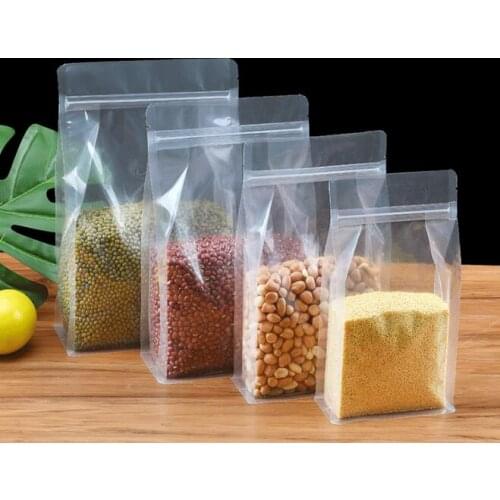 50 Pcs Transparent Flat Bottom Box Pouch Stand Up Zip lock Eight Sides Seal Bag Side Gusset Standing Plastic Coffee Bags