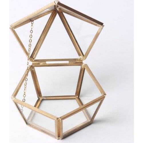 Pentagonal Brass Color Glass Jewelry Storage Box Decoration Gift