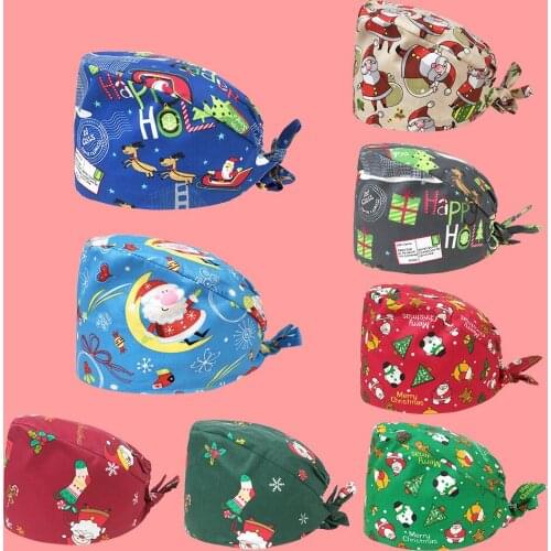 Christmas Scrub Hats Merry Christmas Beauty Salon Work Caps Scrub Lab Frosted Hat Pet Grooming Beautician cap gorro medico mujer