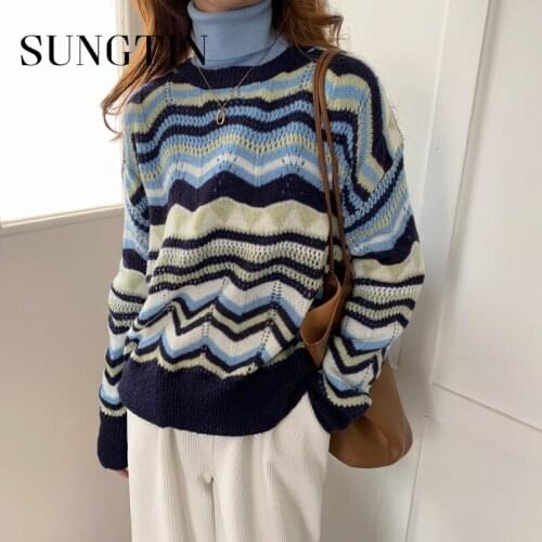 Sungtin Vintage Thin Knitted Pullovers Women Color Block Loose Casual Sweater Female Hollow Out O Neck Korean Jumpers Chic Sweet