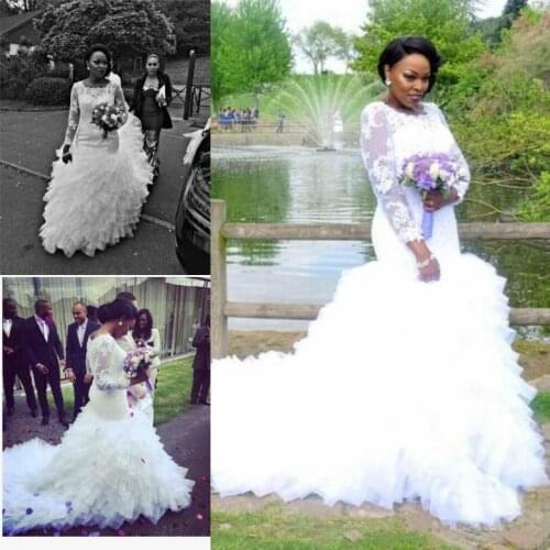 African Mermaid Wedding Dresses Trendy Lace Ruffles Sheer Long Sleeve Tiers Plus Size Fitted Bridal Gowns Train Bride Dress
