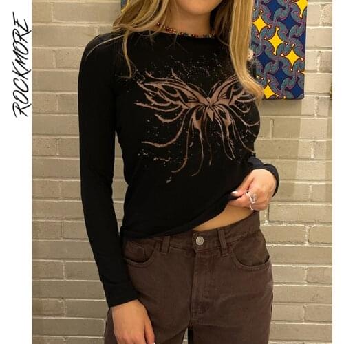 Rockmore Fairycore Butterfly Print Crop Top Women Aesthetic Long Sleeve T-shirt Autumn E Girl Basic Tee Shirt 90s Vintage Grunge
