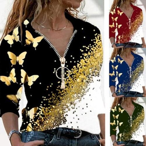 2021 Women T Shirt Autumn Spring Long Sleeve Tops V Neck Zipper Butterfly Print Casual Pullover T-shirt Fall Tops
