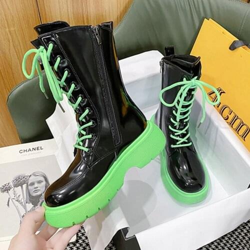 Women Boots Lace-up PU Leather Platform Martin Ankle Boots Female Fashion Mixed Color Shoes Ladies Autumn Footwear 2021