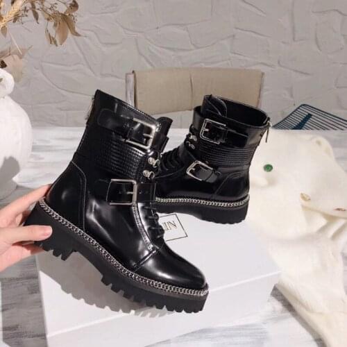 Women Black Lace-Up Leather Luxury Motorcycle Boots Ankle Zipper Chain-link Buckles Accents Round Toe Winter martin combat Boots