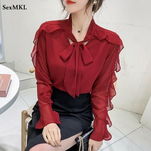 Women Long Sleeve Chiffon Blouses 2021 Korean Fashion Bow Neck White Red Office Shirts Elegant Y2k Slim Ruffle Tops Blusas Mujer