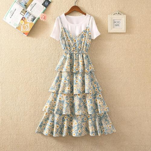 2021 New Summer Slim T-shirt Elegant Dresses Set for Women Chiffon Floral Print Dress + Fashion Solid Tops 2 Piece Sets Q63