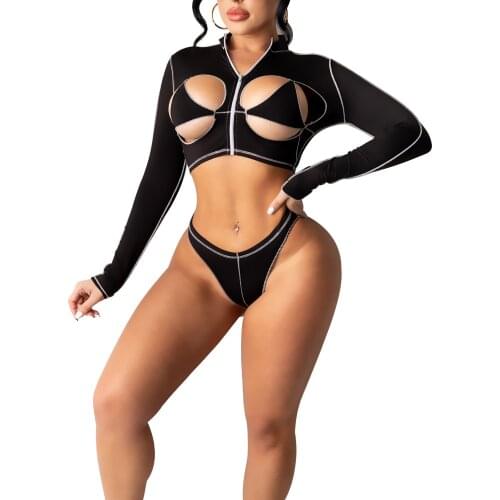 2021 Summer Womens Sexy 2Pcs Bathing Suit Long Sleeve Cutout Crop Tops And High Cut Bikini Bottom Set Swimsuit Two Colors