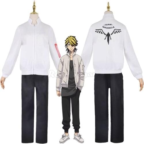 S-3XL Japanese Anime Tokyo Revengers Cosplay Keisuke Baji Kazutora Hanemiya White Jacket Pant Wig Halloween Dress up C70M294