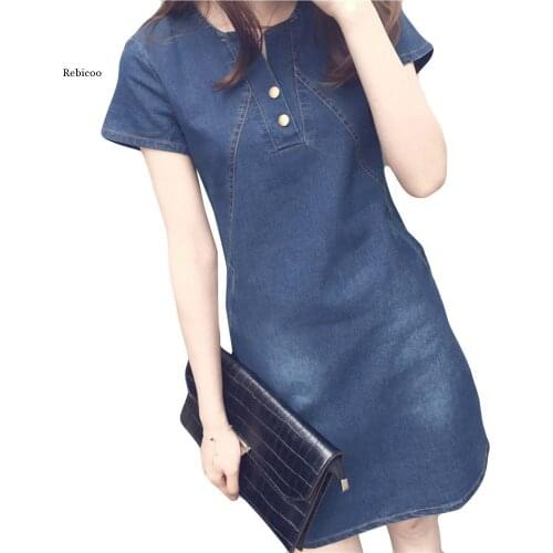 Women Plus Size Korean Style Dress Casual Denim V Neck Buttons Short Sleeve Solid Colors Patchwork Women Dress Robe Femme