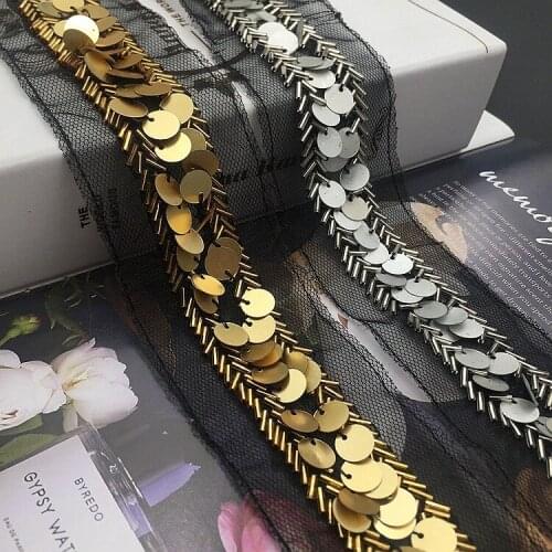 1Yard Gold Beaded Sequined Mesh Lace Ribbon Shiny Trims Fabric Wedding Dress Shoes DIY Accessories Sewing Garment Embellishment